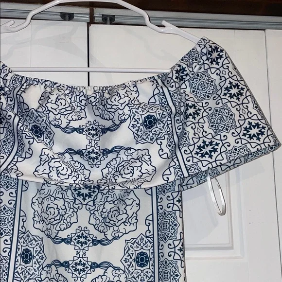 Blue and White Off-Shoulder Dress- Medium - Picture 2 of 6